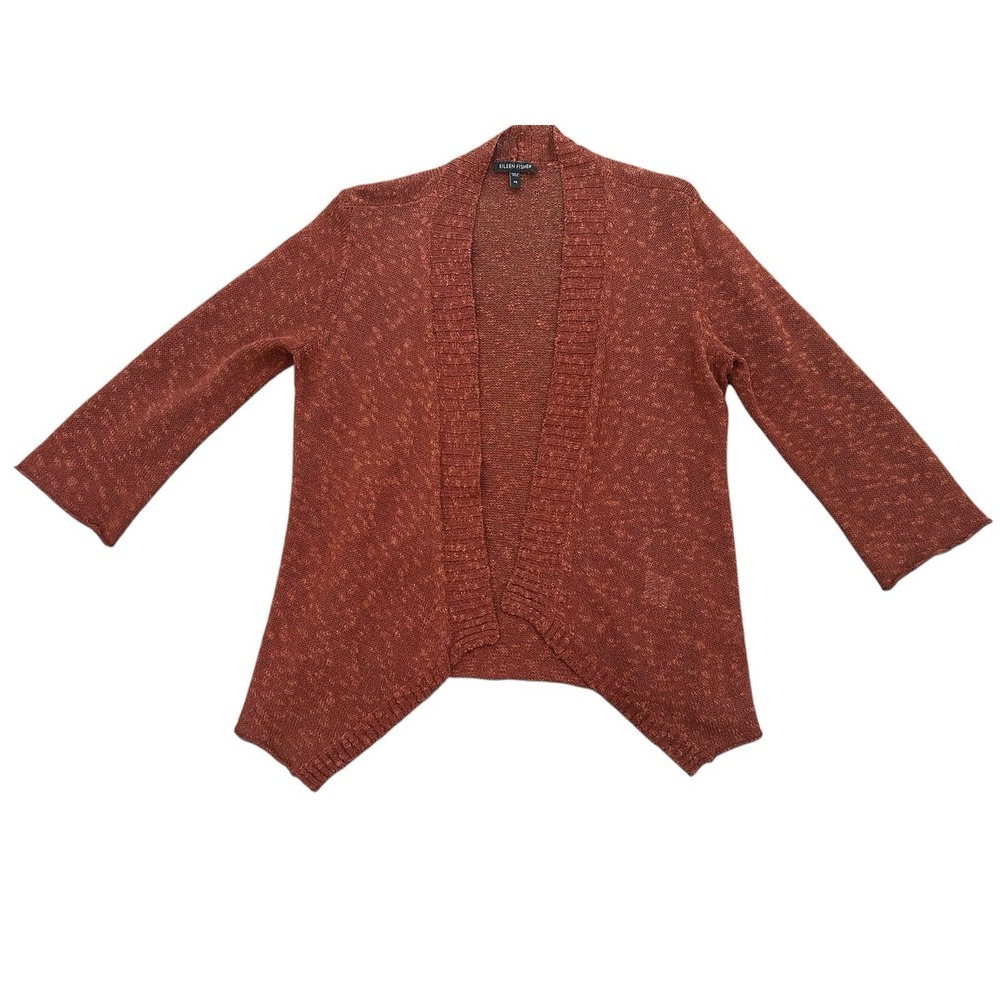 Eileen Fisher Cardigan XS Linen Blend Open Front Rust Melange Knit Asymmetric